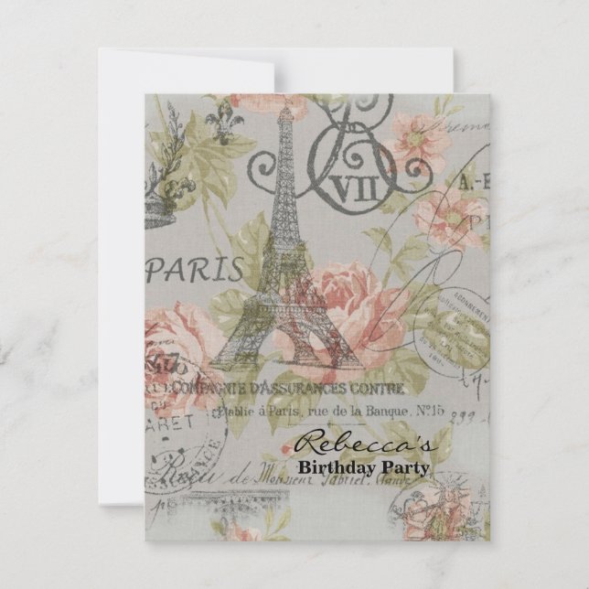Invitación fiesta de cumpleaños de floral eiffel tower en Par (Anverso)