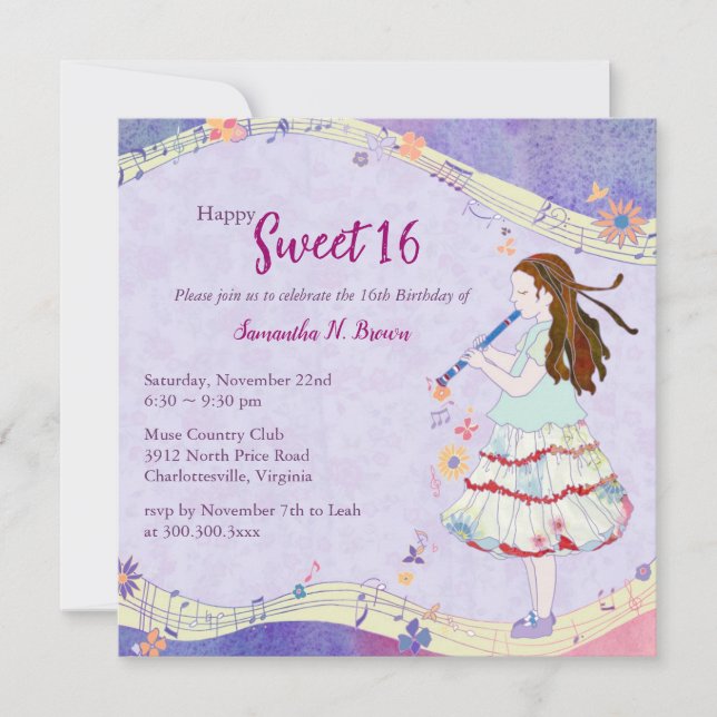 Invitación Fiesta de cumpleaños de Floral Muse Sweet 16 (Anverso)