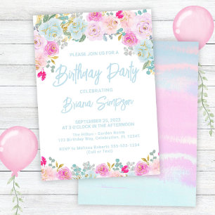 Invitación Fiesta de cumpleaños de Floral Púrpura Rosa Azul