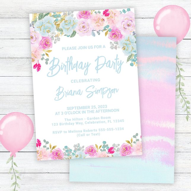 Invitación Fiesta de cumpleaños de Floral Púrpura Rosa Azul (Subido por el creador)