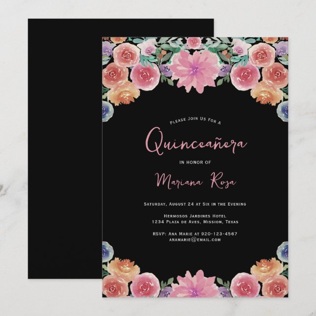Invitación Fiesta de cumpleaños de Floral Quinceanera (Anverso / Reverso)