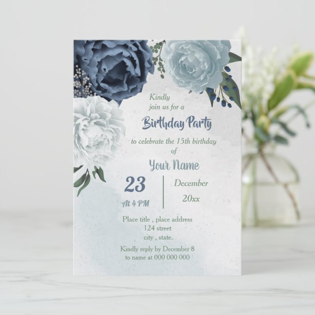 Invitación fiesta de cumpleaños de flores azules blancas (Anverso de pie)
