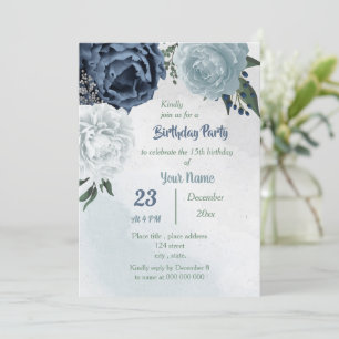 Invitación fiesta de cumpleaños de flores azules blancas