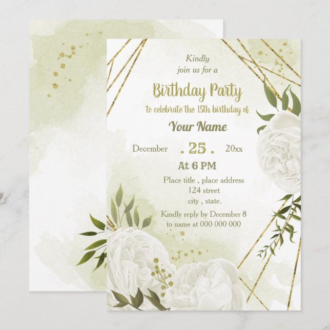 Invitación fiesta de cumpleaños de flores blancas de bonito (Anverso / Reverso)
