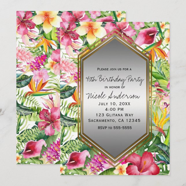 Invitación Fiesta de Cumpleaños de Flores Coloridas Tropicale (Anverso / Reverso)