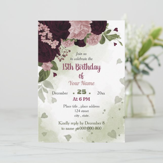 Invitación fiesta de cumpleaños de flores de ciruela rosa (Anverso de pie)