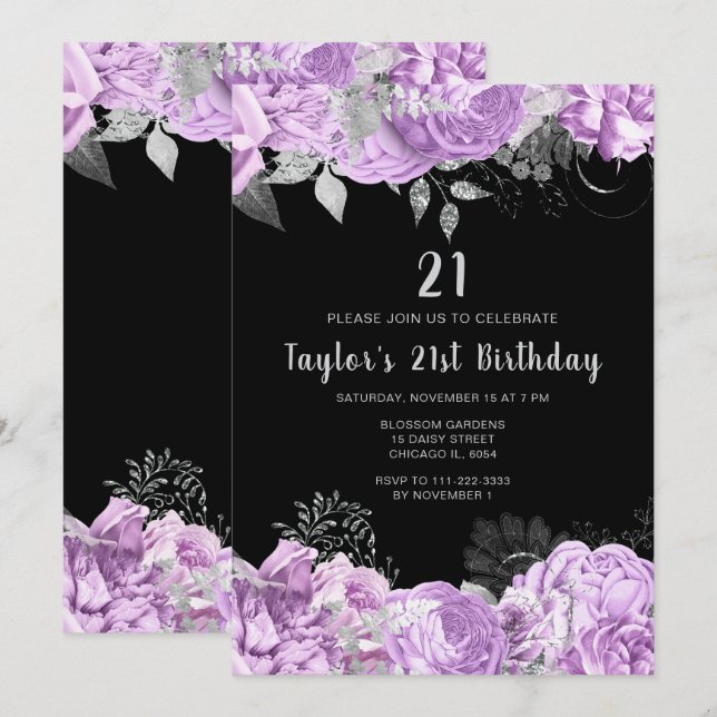 Invitación Fiesta de Cumpleaños de Flores de Lila y Plata Ele (Anverso / Reverso)