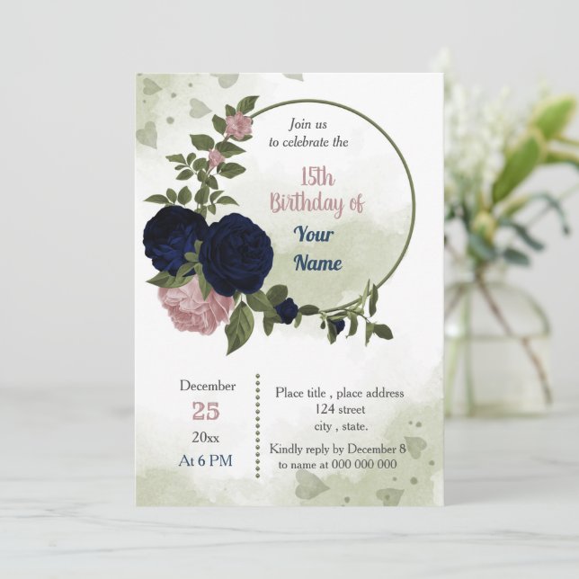 Invitación fiesta de cumpleaños de flores de marina rosa verd (Anverso de pie)