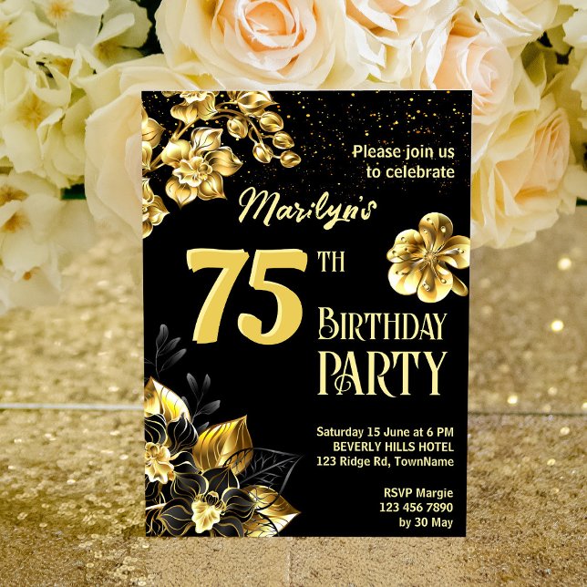 Invitación Fiesta de cumpleaños de flores de oro y negro pers (Subido por el creador)