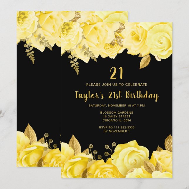 Invitación Fiesta de Cumpleaños de Flores Elegantes Amarillas (Anverso / Reverso)