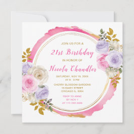 Invitación Fiesta de cumpleaños de flores elegantes rosadas y
