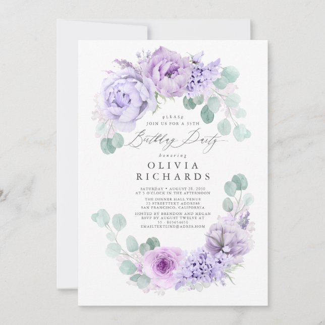 Invitación Fiesta de cumpleaños de flores moradas molidas y t (Anverso)