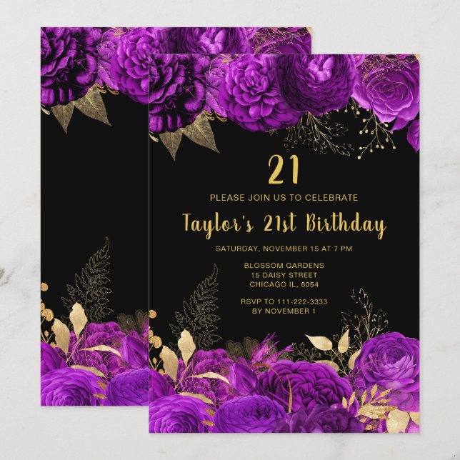Invitación Fiesta de Cumpleaños de Flores Moradas y Doradas E (Anverso / Reverso)