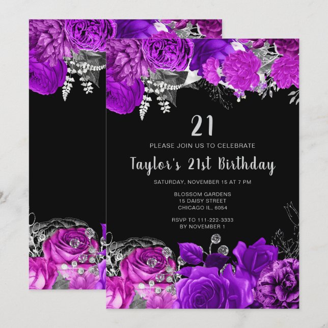 Invitación Fiesta de cumpleaños de flores moradas y plateadas (Anverso / Reverso)