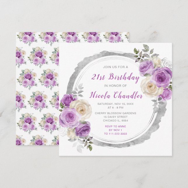 Invitación Fiesta de cumpleaños de flores moradas y plateadas (Anverso / Reverso)