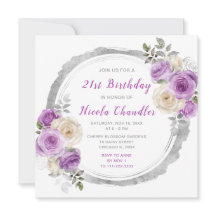 Fiesta de cumpleaños de flores moradas y plateadas