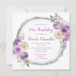 Invitación Fiesta de cumpleaños de flores moradas y plateadas