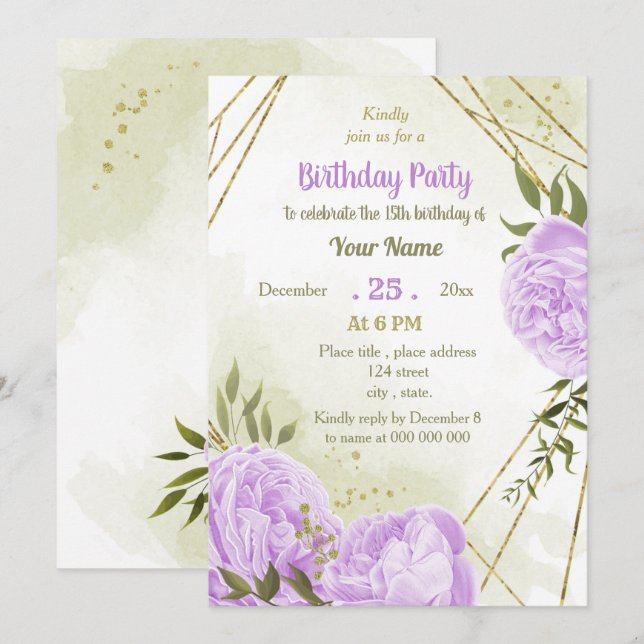 Invitación fiesta de cumpleaños de flores púrpuras (Anverso / Reverso)