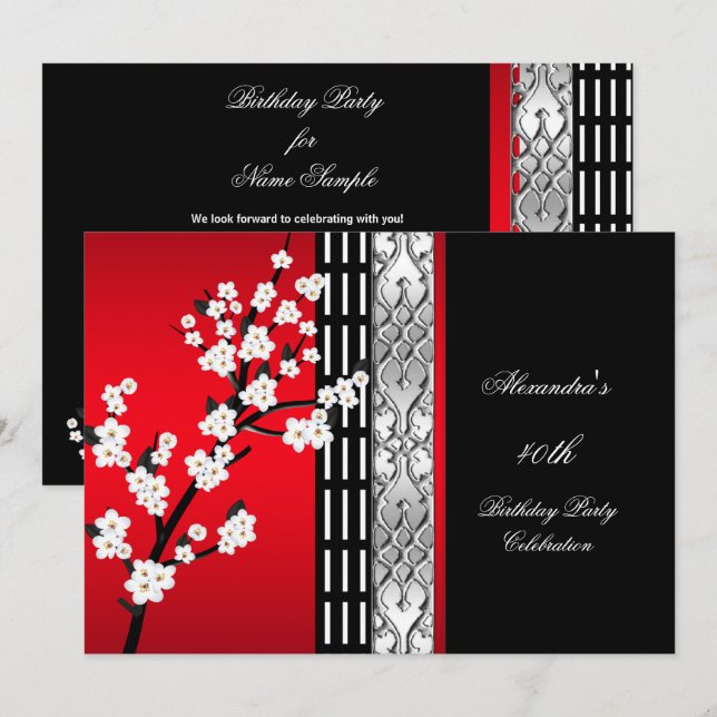 Invitación Fiesta de Cumpleaños de Flores Rojas Negras Asiáti (Anverso / Reverso)