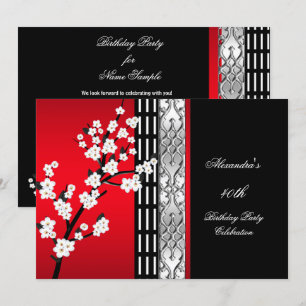 Invitación Fiesta de Cumpleaños de Flores Rojas Negras Asiáti
