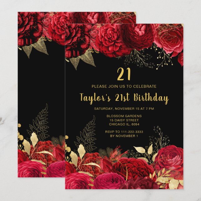 Invitación Fiesta de Cumpleaños de Flores Rojas y Doradas Ele (Anverso / Reverso)
