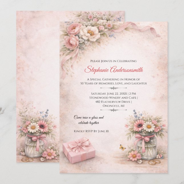 Invitación Fiesta de Cumpleaños de Flores Rosadas Elegantes | (Anverso / Reverso)