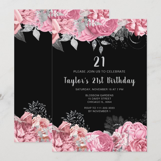 Invitación Fiesta de Cumpleaños de Flores Rosadas y Plateadas (Anverso / Reverso)