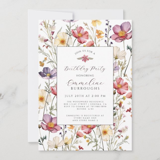 Invitación Fiesta de cumpleaños de flores silvestres botánica (Anverso)
