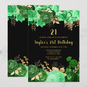 Invitación Fiesta de cumpleaños de flores verdes y doradas el