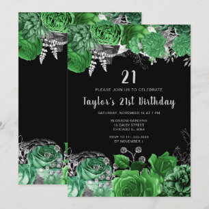 Invitación Fiesta de cumpleaños de flores verdes y plateadas