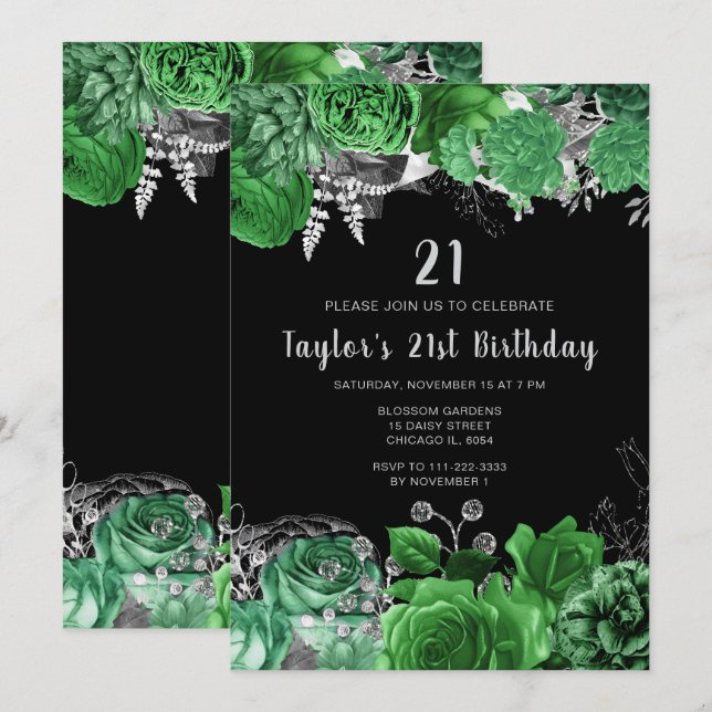 Invitación Fiesta de cumpleaños de flores verdes y plateadas  (Anverso / Reverso)