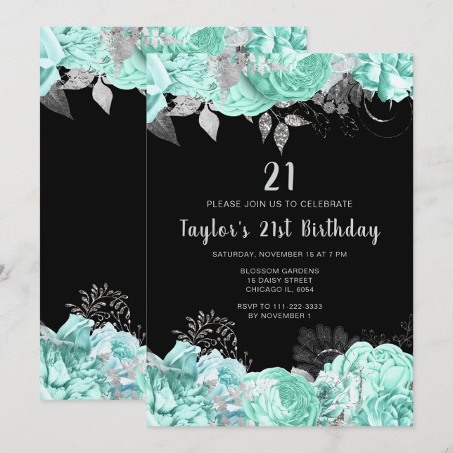 Invitación Fiesta de Cumpleaños de Flores Verdes y Plateadas  (Anverso / Reverso)