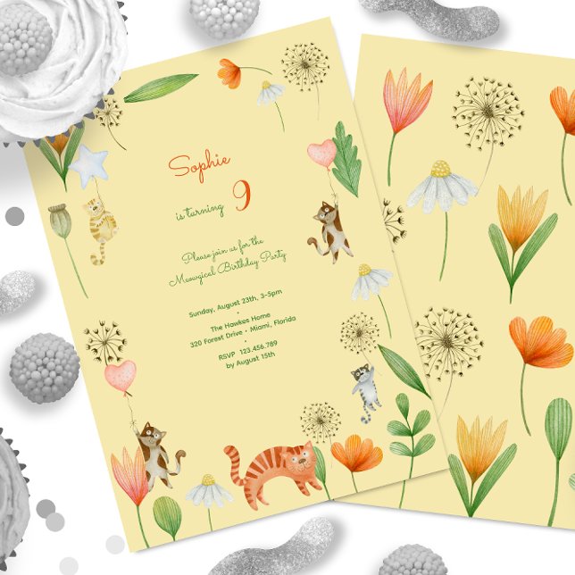 Invitación fiesta de cumpleaños de flores y gatos meowgicos (Subido por el creador)