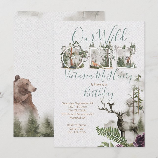 Invitación Fiesta de cumpleaños de Forest Woodland Watercolor (Anverso / Reverso)