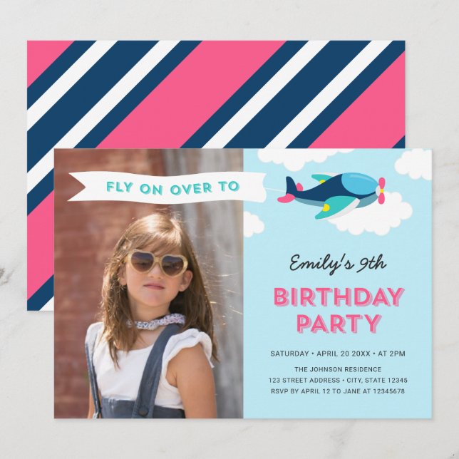 Invitación Fiesta de cumpleaños de foto aérea rosa, azul y Ve (Anverso / Reverso)
