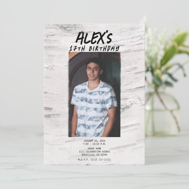 Invitación Fiesta de cumpleaños de foto de moda de Rústico Bi (Anverso de pie)