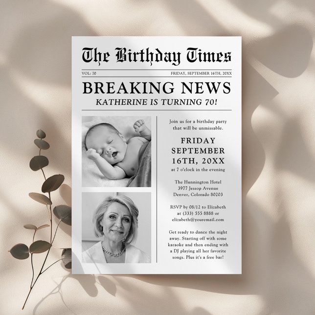 Invitación Fiesta de cumpleaños de foto de periódico único (Subido por el creador)