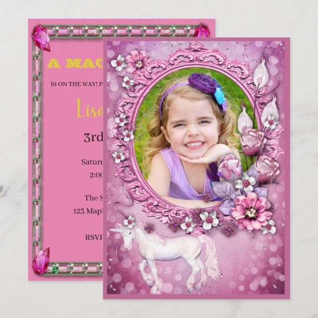 Invitación Fiesta de cumpleaños de fotos de Pink Floral Unico (Anverso / Reverso)
