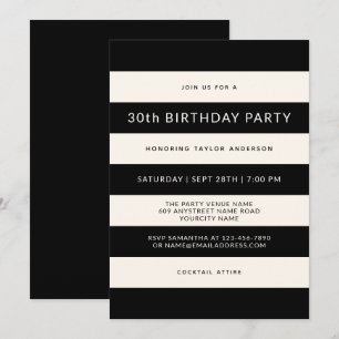 Invitación Fiesta de cumpleaños de franjas clásicas negras y