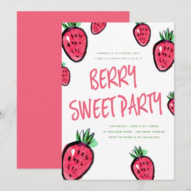 Invitación Fiesta de cumpleaños de fresa Berry Sweet (Anverso / Reverso)