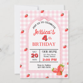 Invitación Fiesta de cumpleaños de fresa de la franja rosada 