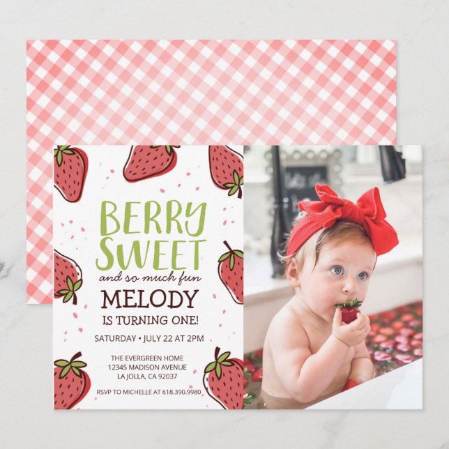 Invitación Fiesta de Cumpleaños de Fresa ・ Fiesta Berry Sweet (Anverso / Reverso)