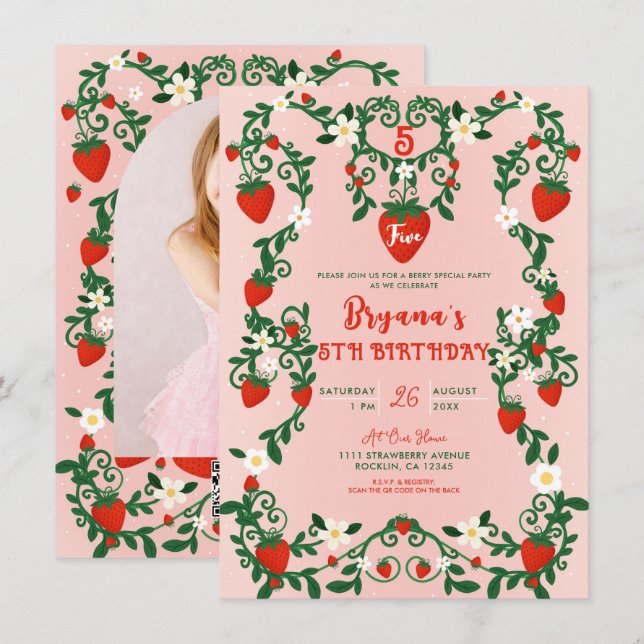 Invitación Fiesta de Cumpleaños de Fresas con Enredaderas Flo (Anverso / Reverso)