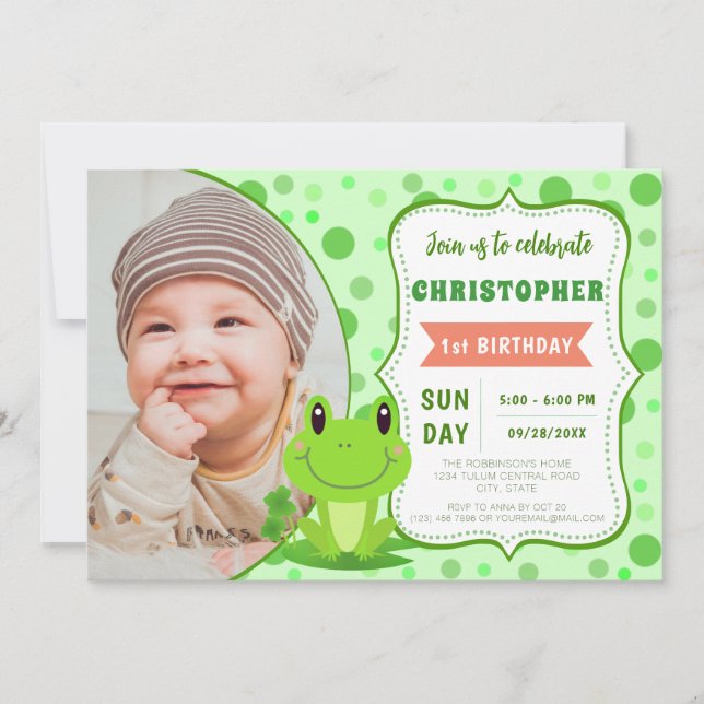 Invitación Fiesta de cumpleaños de Froggy Tema de los puntos  (Anverso)