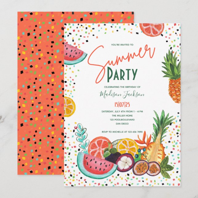 Invitación Fiesta de Cumpleaños de Frutas de Verano Sandía y  (Anverso / Reverso)