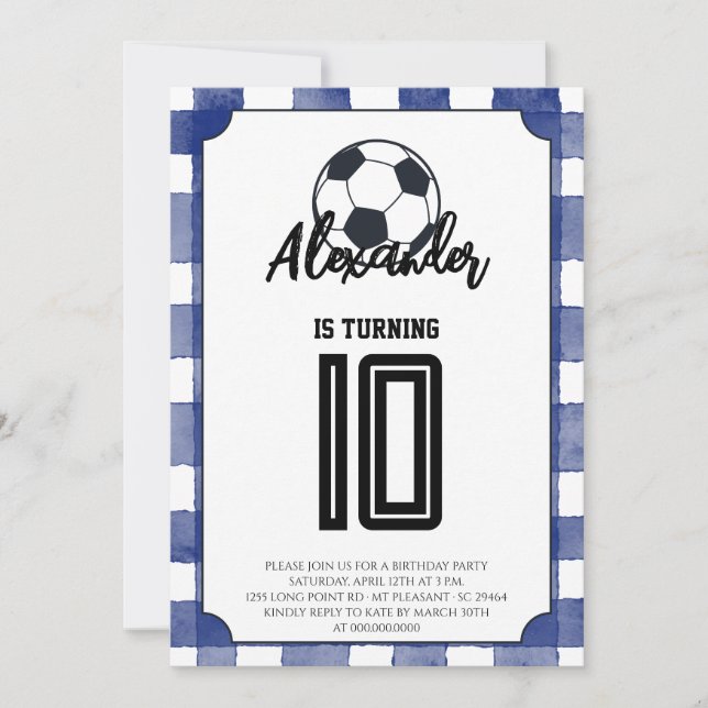 Invitación Fiesta de Cumpleaños de Fútbol con Cuadros Azules (Anverso)