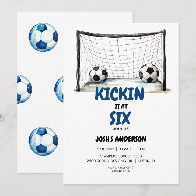 Invitación Fiesta de cumpleaños de fútbol juvenil azul (Anverso / Reverso)