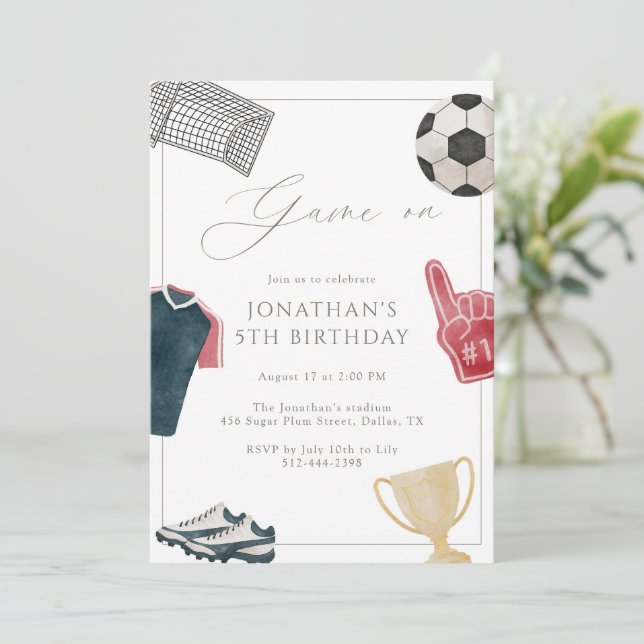 Invitación Fiesta de Cumpleaños de Fútbol Navy Game On Deport (Anverso de pie)