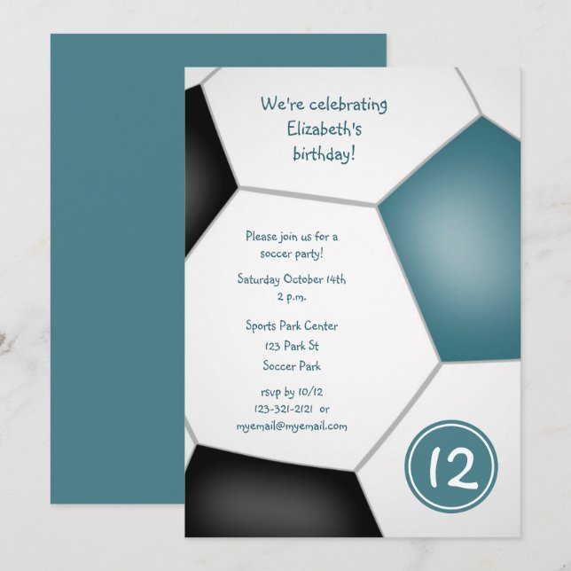 Invitación fiesta de cumpleaños de fútbol negro verde azulado (Anverso / Reverso)