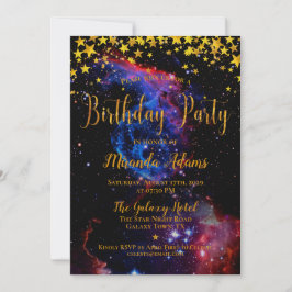 Invitación Fiesta de cumpleaños de Galaxy Stars Purpurina de 